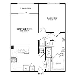 Floor Plan  A black and white floor plan of a home with a living room, dining room, kitchen, and bathroom.