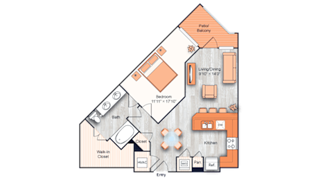 Floor Plan  A diagram of a house layout with labeled rooms such as Bath, Kitchen, Living/Dining, and Patio Balcony.