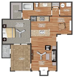 Floor Plan  A floor plan of a house with a bedroom, kitchen, living room, and bathroom.