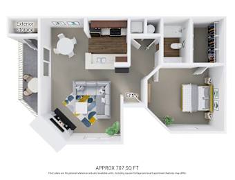 Floor Plan  A floor plan of an apartment with a kitchen, living room, and bathroom.
