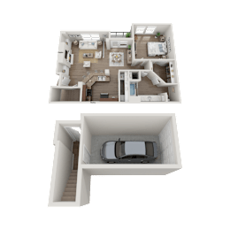 Floor Plan  A top and side view of a house plan with a car in the garage.