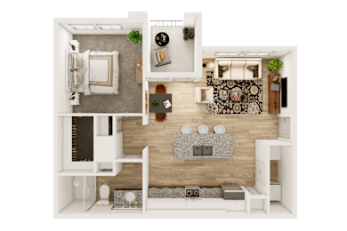 Floor Plan  A top-down view of a living room with a couch, coffee table, and kitchen area.
