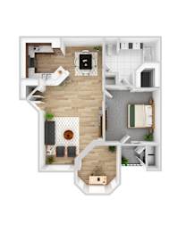 A top down view of a house interior with a kitchen, living room, and bathroom.