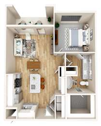Floor Plan  A 3D floor plan of a small apartment with a kitchen, living room, and bathroom.