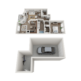 Floor Plan  A 3D floor plan of a house with a garage and a separate parking area for two cars.
