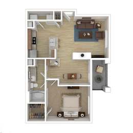 Floor Plan  A top-down view of a small apartment layout with a kitchen, living room, and bedroom.