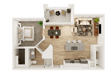 Floor Plan  A top-down view of a living room with a couch, coffee table, and kitchen area.