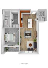 A floor plan of a small apartment with a kitchen, living room, and bathroom.