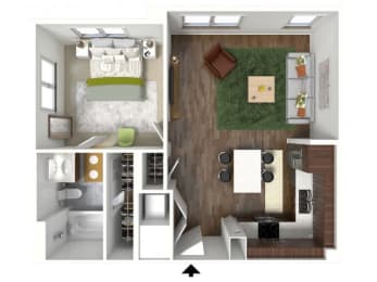 a 3d rendering of a bedroom with a bathroom and a rug