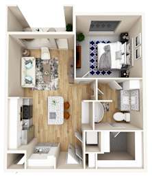 Floor Plan  A 3D floor plan of a small apartment with a kitchen, living room, and bathroom.