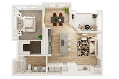 Floor Plan  A top-down view of a modern apartment layout with a living room, kitchen, and dining area.