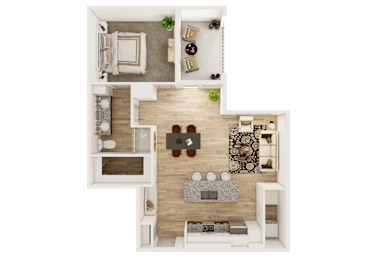 Floor Plan  A top-down view of a living room with a couch, coffee table, and rug.