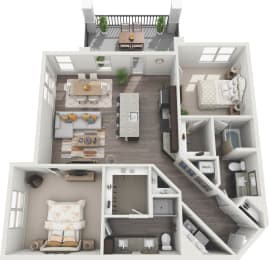 a 3d rendering of our 1 bedroom apartment at princeton court apartments in dallas