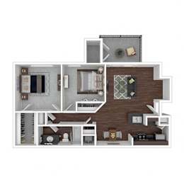 A 3D floor plan of a house with a kitchen, living room, and bedrooms.
