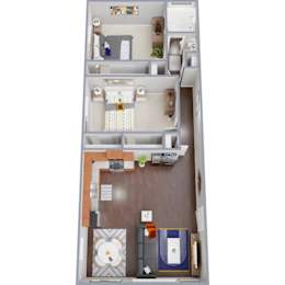 A floor plan of an apartment with a kitchen, living room, and two bedrooms.