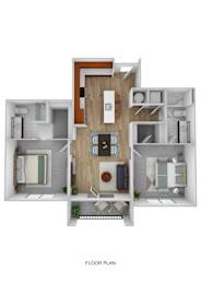 A floor plan of a house with a kitchen, living room, and two bedrooms.