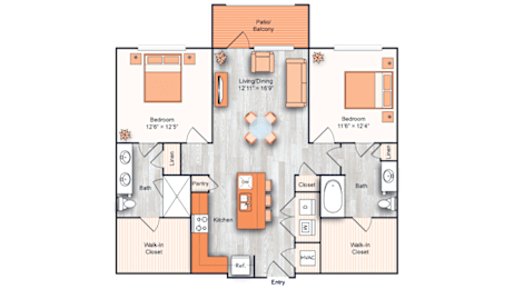 Floor Plan  A floor plan of a house with two bedrooms, a living room, a dining room, a kitchen, a bathroom, a pantry, a laundry room, and a walk-in closet.