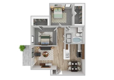 Floor Plan  A top-down view of a house layout with a living room, kitchen, and two bedrooms.