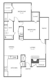 Floor Plan  A black and white floor plan of a house with two bedrooms, a living room, a dining room, a kitchen, a storage area, and a patio.