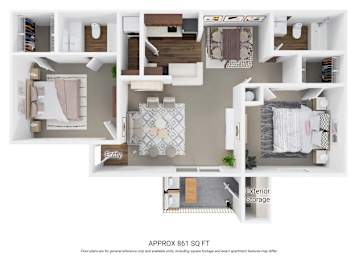 Floor Plan  A floor plan of an apartment with a living room, kitchen, bedrooms, and storage areas.