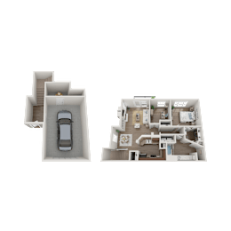 Floor Plan  A 3D floor plan of a house with a car parked in the driveway.