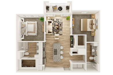 Floor Plan  A 3D floor plan of a house showing a living room, kitchen, dining room, and two bedrooms.
