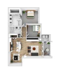A 3D floor plan of a small apartment with a kitchen, living room, and bathroom.