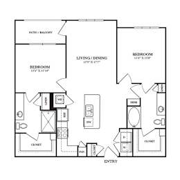 Floor Plan  A black and white image of a floor plan for a home with two bedrooms, a living/dining area, and a closet.