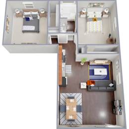 A top-down view of a small apartment with a bedroom, living room, and kitchen.