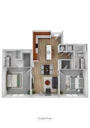 A floor plan of a small apartment with a kitchen, living room, and two bedrooms.