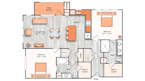 Floor Plan  A floor plan of a house with a living room, kitchen, two bedrooms, and a patio.