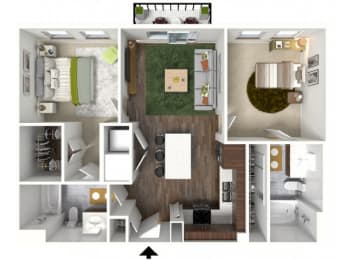 a 3d rendering of the 1 bedroom floor plan of a 2100 sq ft apartment