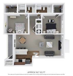 Floor Plan  A floor plan of an apartment with a total area of 967 square feet.