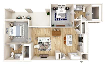 Floor Plan  A 3D floor plan of a house with a kitchen, living room, and two bedrooms.