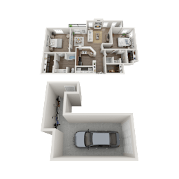 Floor Plan  A 3D floor plan of a house with a car garage.
