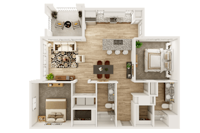Floor Plan  A 3D floor plan of a house showing a living room, kitchen, dining area, and bedrooms.