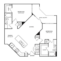 Floor Plan  A black and white image of a house floor plan with two bedrooms, a living room, a dining room, a closet, a pan, and an entry.
