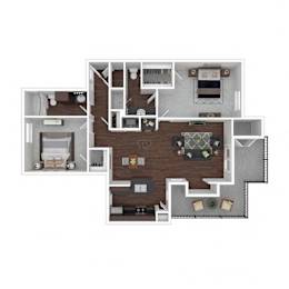 A floor plan of a house with a kitchen, living room, and two bedrooms.