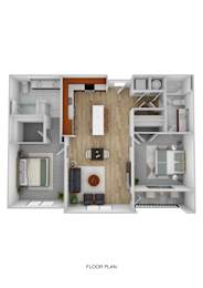 A floor plan of a small apartment with a kitchen, living room, and bedrooms.