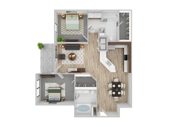 Floor Plan  A top-down view of a house interior with a kitchen, living room, and bathroom.