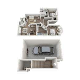 Floor Plan  A top and bottom view of a house layout with a car parked in the garage.