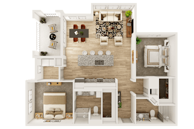 Floor Plan  A top-down view of a well-furnished apartment.