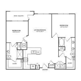 Floor Plan  A black and white image of a house floor plan with two bedrooms, a living/dining area, and a closet.