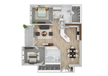 Floor Plan  A top-down view of a modern apartment layout with a kitchen, living room, and bathroom.