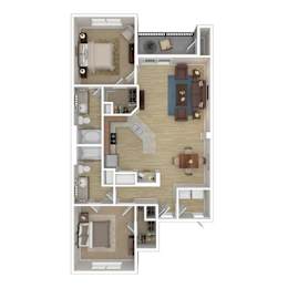 Floor Plan  A floor plan of a house with a living room, two bedrooms, a kitchen, and a bathroom.