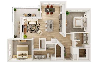 Floor Plan  A 3D floor plan of a house with a living room, kitchen, dining room, and bedrooms.