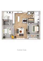 A floor plan of a house with a living room, kitchen, and two bedrooms.