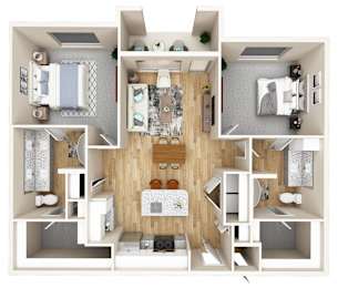 Floor Plan  A 3D floor plan of a small apartment with a kitchen, living room, and bathroom.