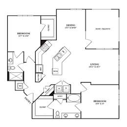 Floor Plan  A black and white image of a house floor plan with a dining area, two bedrooms, a living room, a kitchen, a bathroom, and a closet.