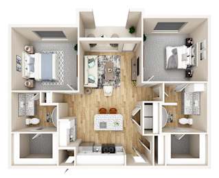 Floor Plan  A top down view of a small apartment with a kitchen, living room, and bathroom.